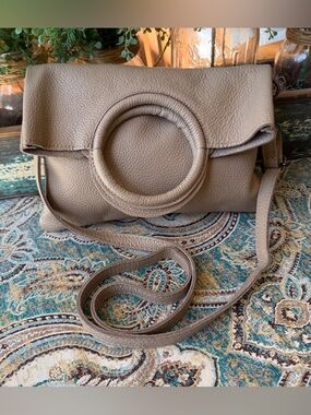Taupe Leather Crossbody Bag Fold Over Minimalist Ring Detail Small Purse